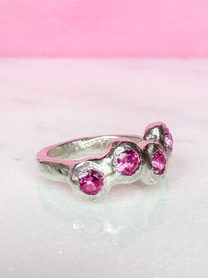 Pink Lab-Grown Sapphire Silver Handmade Ring side view on white background