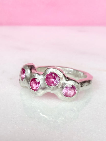 Pink Lab-Grown Sapphire Silver Handmade Ring on white background 2