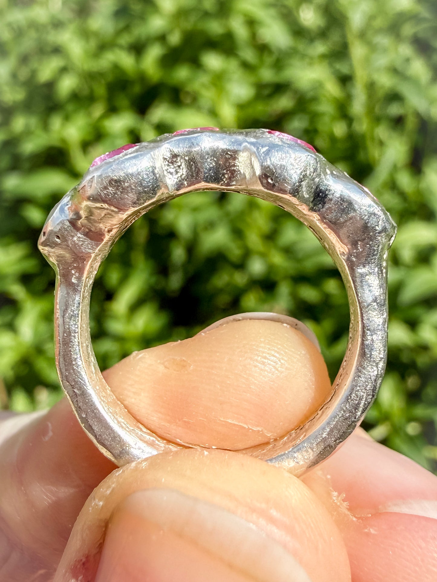 Pink Lab-Grown Sapphire Silver Handmade Ring close up of  sand cast textured ring shank 