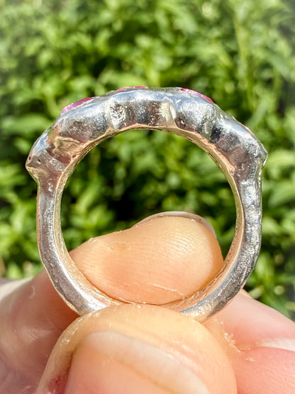 Pink Lab-Grown Sapphire Silver Handmade Ring close up of  sand cast textured ring shank 