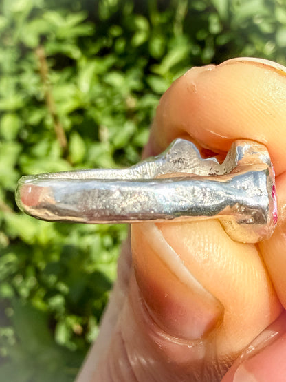 Pink Lab-Grown Sapphire Silver Handmade Ring  closeup of sand cast textured ring shank