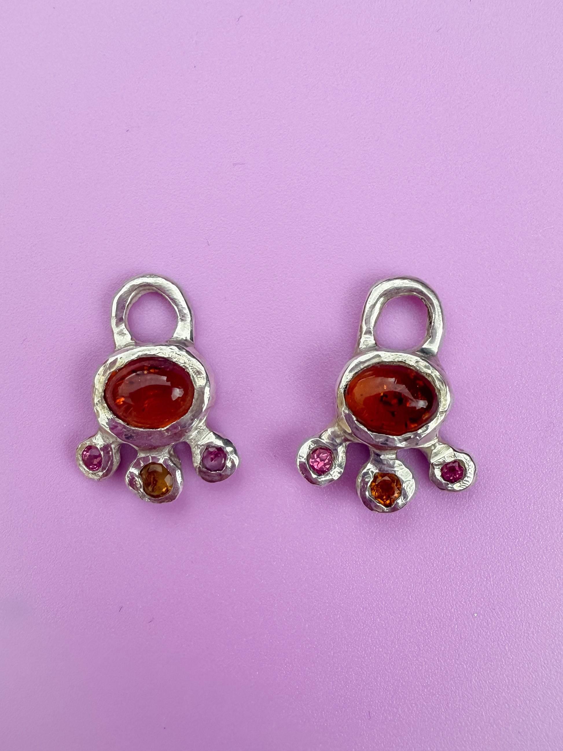 Cute silver earring charms with amber, pink topaz and citrine gemstones