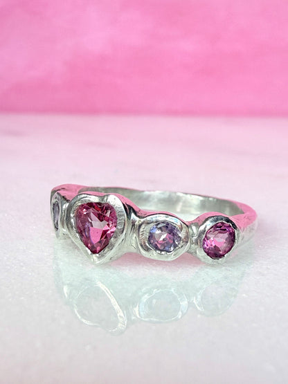 Pink topaz heart, light purple amethyst, and pink topaz handmade silver ring side view 1