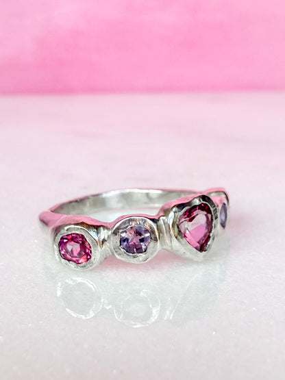 Pink topaz heart, light purple amethyst, and pink topaz handmade silver ring side view 2