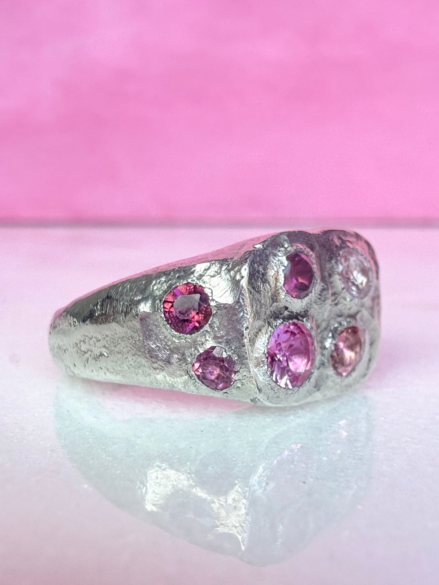 Pink tourmaline and pink sapphire handmade silver signet ring side view 1