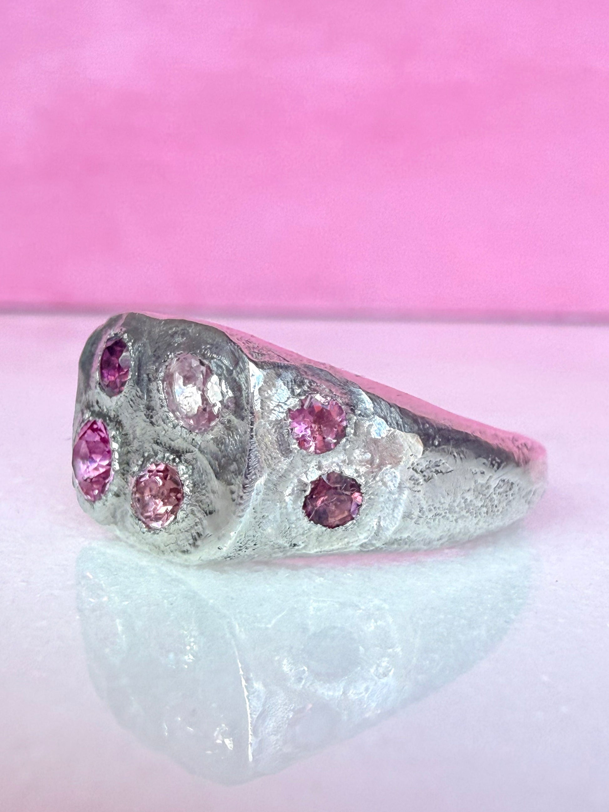 Pink tourmaline and pink sapphire handmade silver signet ring side view 2