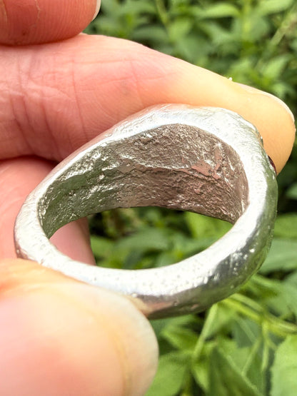 Pink tourmaline and pink sapphire handmade silver signet ring sand cast texture up close 1