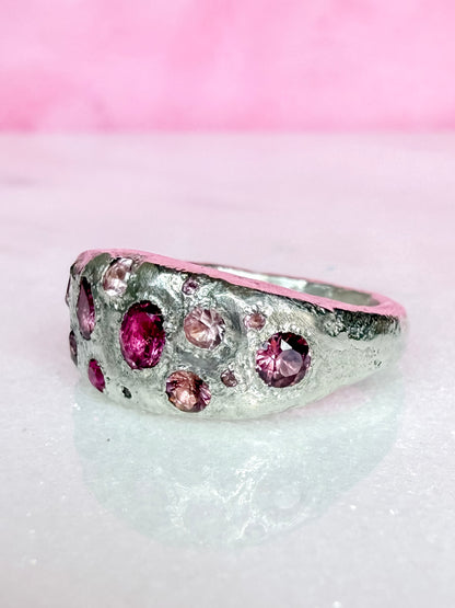 Pink tourmaline, rubelite and ruby handmade silver ring side view