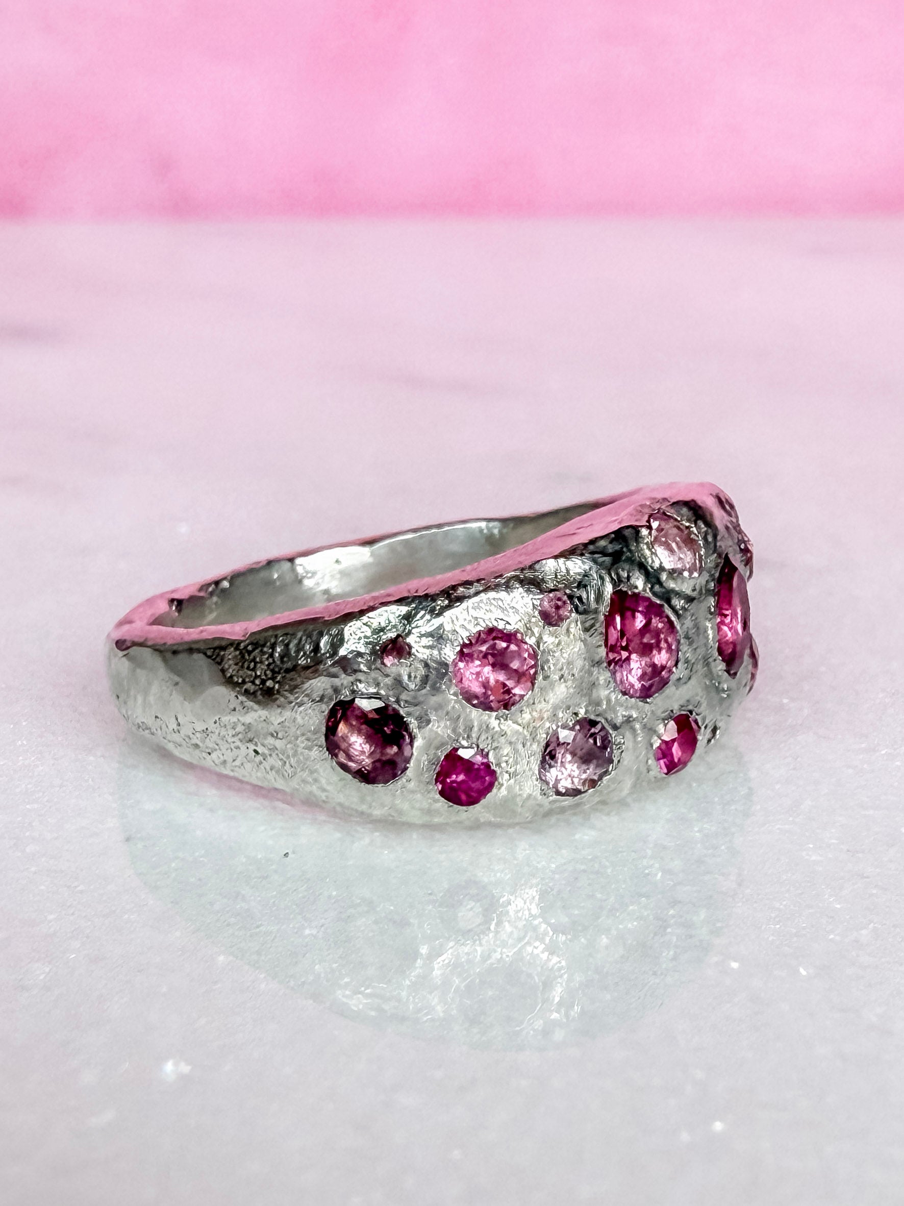 Pink tourmaline, rubelite and ruby handmade silver ring side view 2