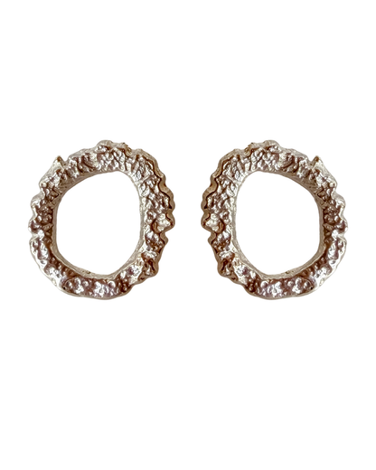Textured circle silver stud earrings on white background