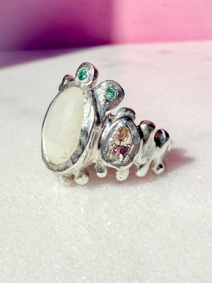 White moonstone slice, peach morganite faceted pear and emerald handmade silver ring side view 2