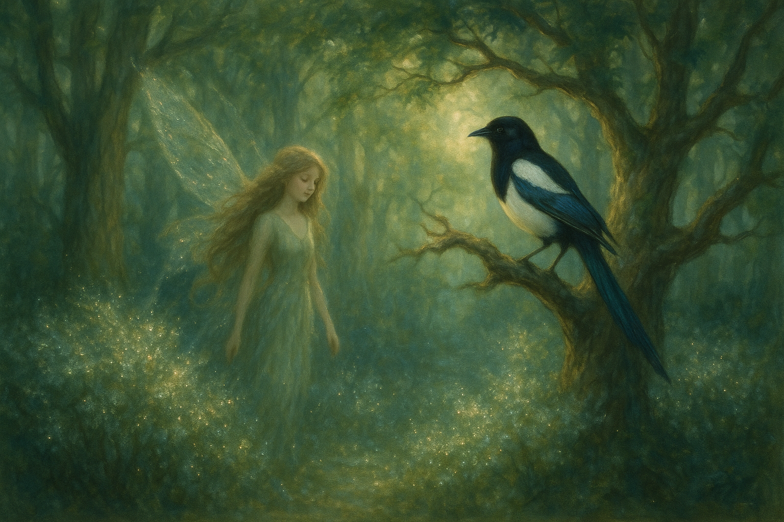 Painting of an ethereal fairy woodland with sparkling bushes and a magpie sitting in a tree - a magical scene