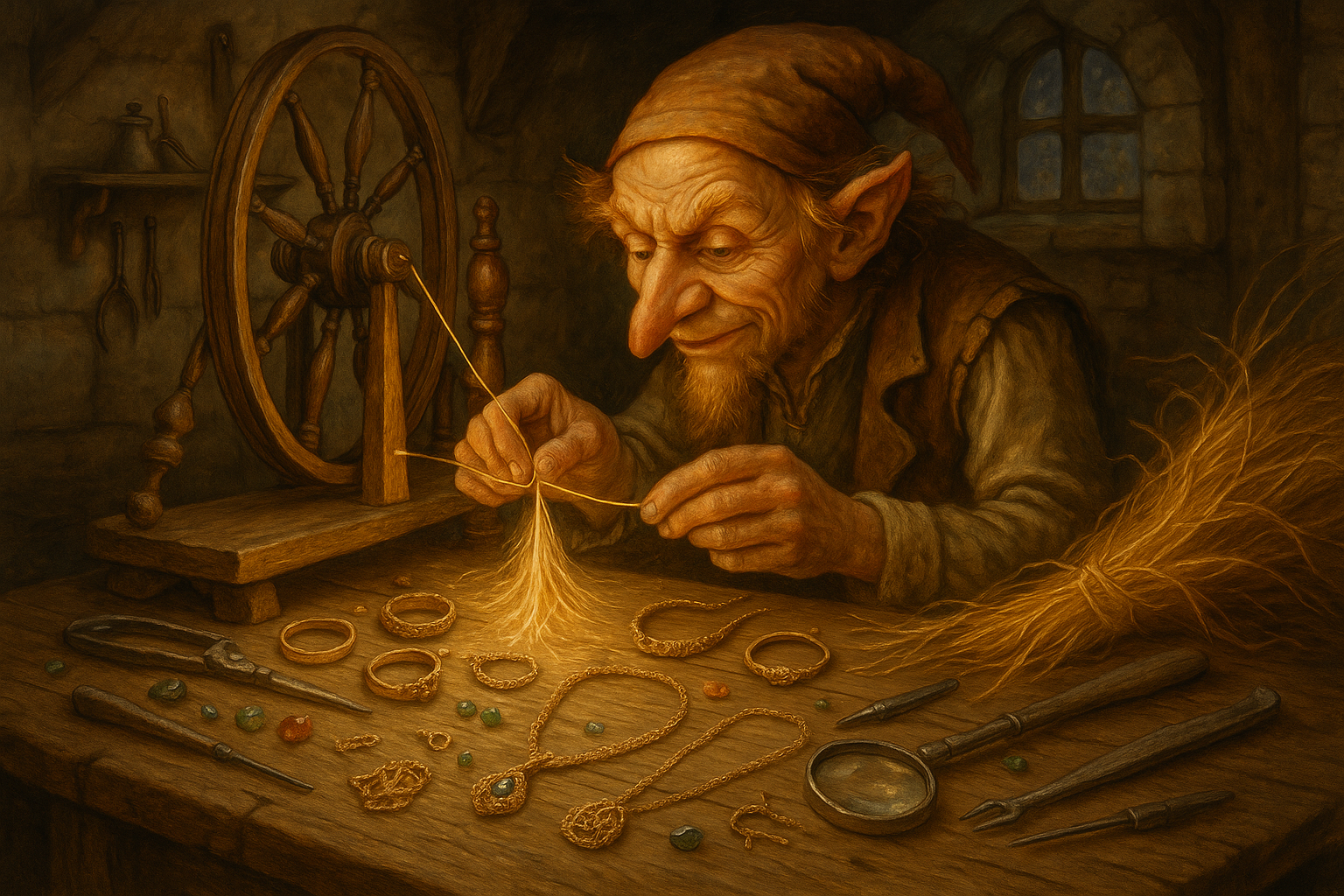 Painting of Rumpelstiltskin spinning straw into gold for making jewellery