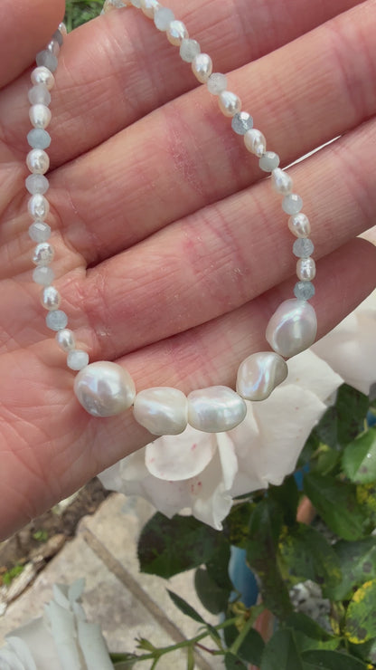 Moonflower Nymph | Aquamarine and Keshi Pearl Necklace