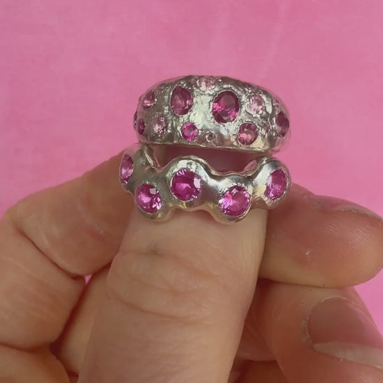 Pink tourmaline, rubelite and ruby handmade silver ring sparkling in sun