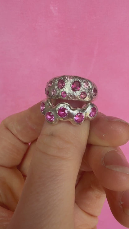 Pink tourmaline, rubelite and ruby handmade silver ring sparkling in sun