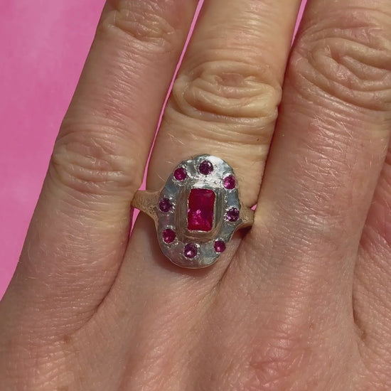 Lab ruby, rhodolite and ruby handmade silver oval ring on hand video