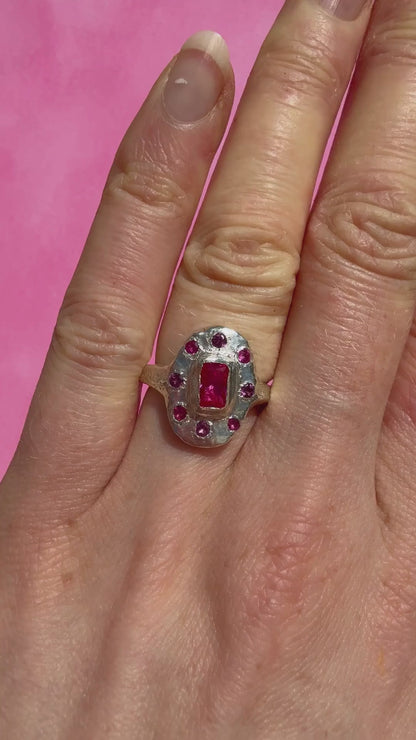 Lab ruby, rhodolite and ruby handmade silver oval ring on hand video