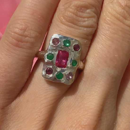 Lab ruby, emerald and pink tourmaline handmade silver oblong ring on hand video