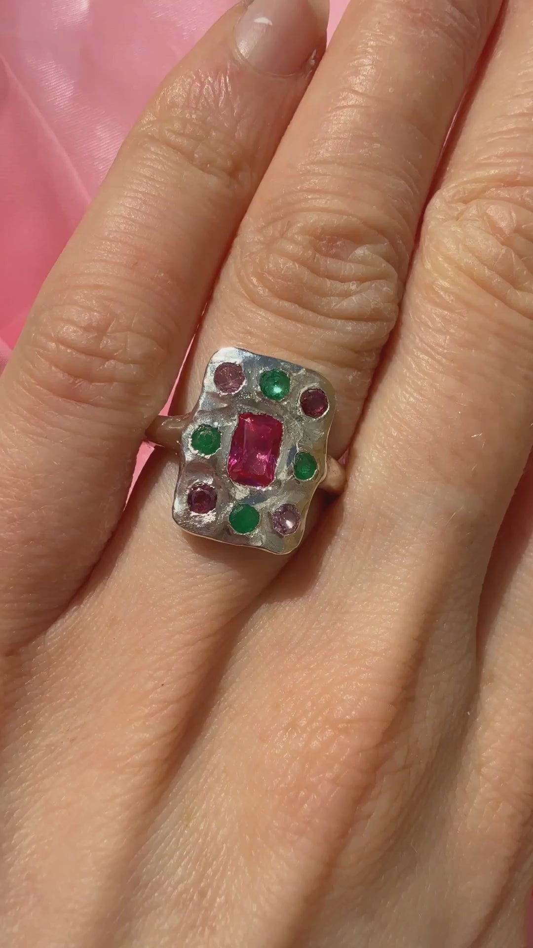 Lab ruby, emerald and pink tourmaline handmade silver oblong ring on hand video